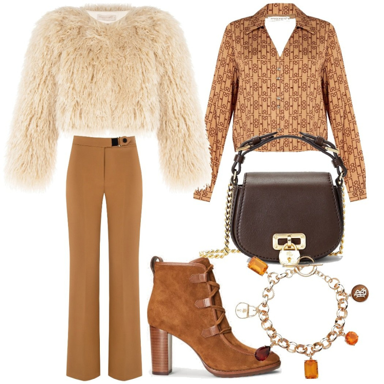 Outfit donna - Caramello a Natale. Stile Trendy per Tutti i giorni. Abbinamento con pantaloni, jeans a zampa, camicie, stivaletti, braccialetti con ciondoli, borse a tracolla.