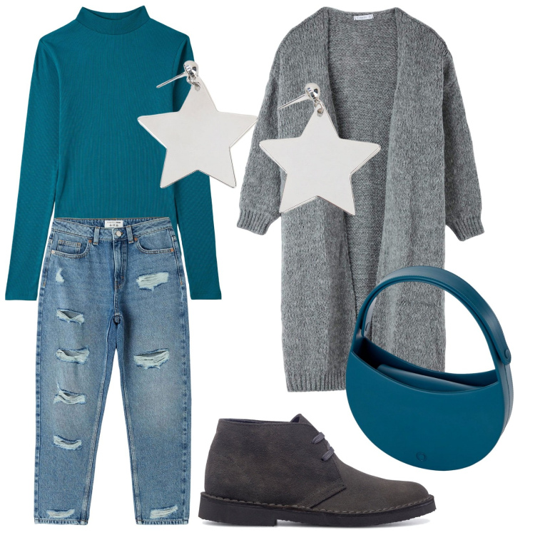 Outfit donna - Total look #1780874. Stile Urban per Tutti i giorni. Abbinamento con jeans mom, t-shirt, cardigans, orecchini, stivaletti, borse a spalla.