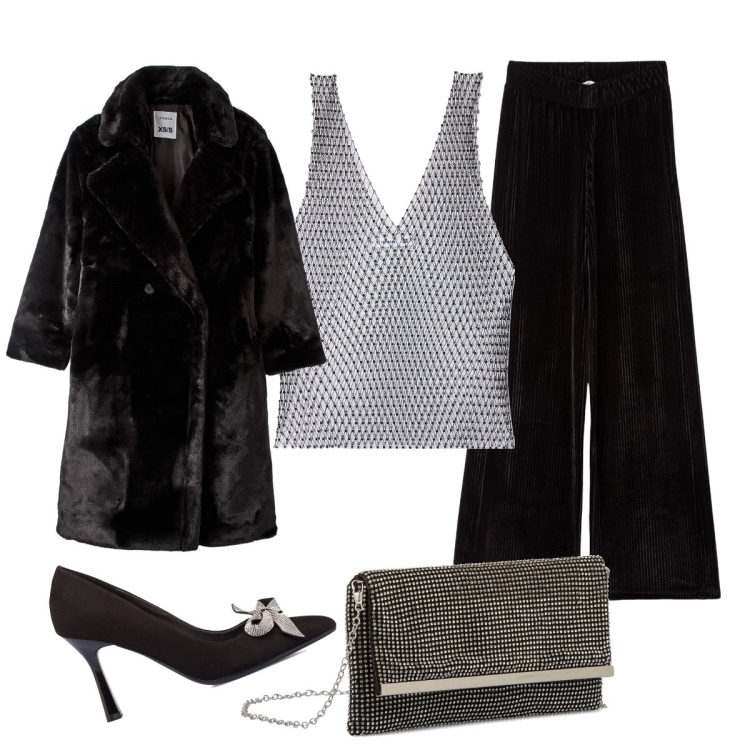 Outfit donna - Pronta per il cenone con gli amici. Stile Glamour per Serata fuori. Abbinamento con ecopellicce, top, pantaloni a palazzo, décolleté, clutch.