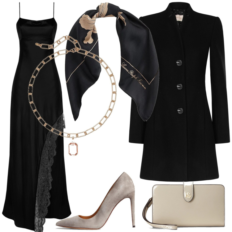 Outfit donna - Che fai a Capodanno?. Stile Chic per Serata fuori. Abbinamento con vestiti asimmetrici, cappotti, foulard, pochette, ciondoli, décolleté.