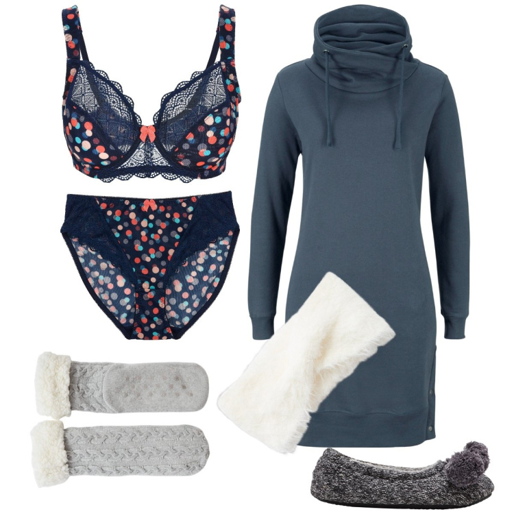 Outfit donna - Comoda e calda a casa. Stile Basic per Tutti i giorni. Abbinamento con vestiti, reggiseni, slip, pantofole, fasce per capelli, calzini.