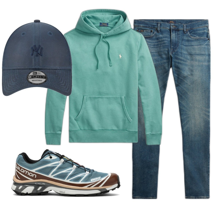 Outfit uomo - Total look #1780881. Stile Casual per Tutti i giorni. Abbinamento con felpe con cappuccio, jeans, sneakers, cappelli con visiera.