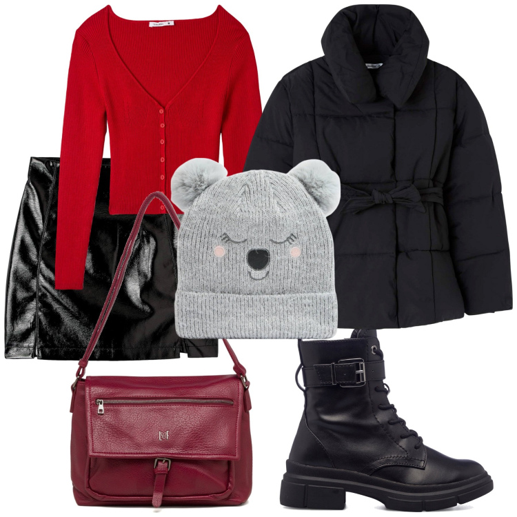 Outfit donna - Natale Trendy. Stile Trendy per Serata fuori. Abbinamento con cardigans, minigonne, piumini, berretti, anfibi, borse a tracolla.