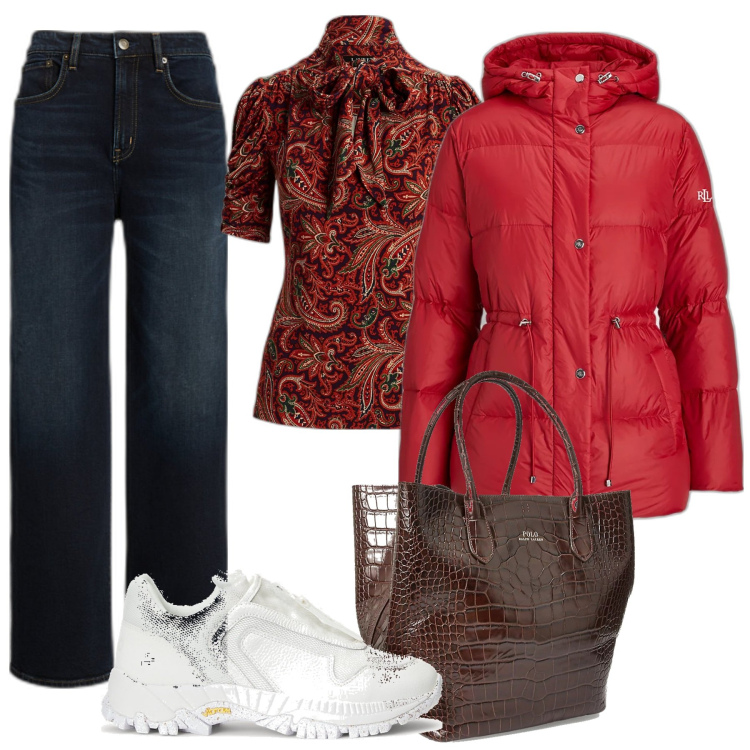 Outfit donna - Ralph Lauren Xmas 23. Stile Casual chic per Tutti i giorni. Abbinamento con piumini, bluse, jeans, sneakers, borse tote.