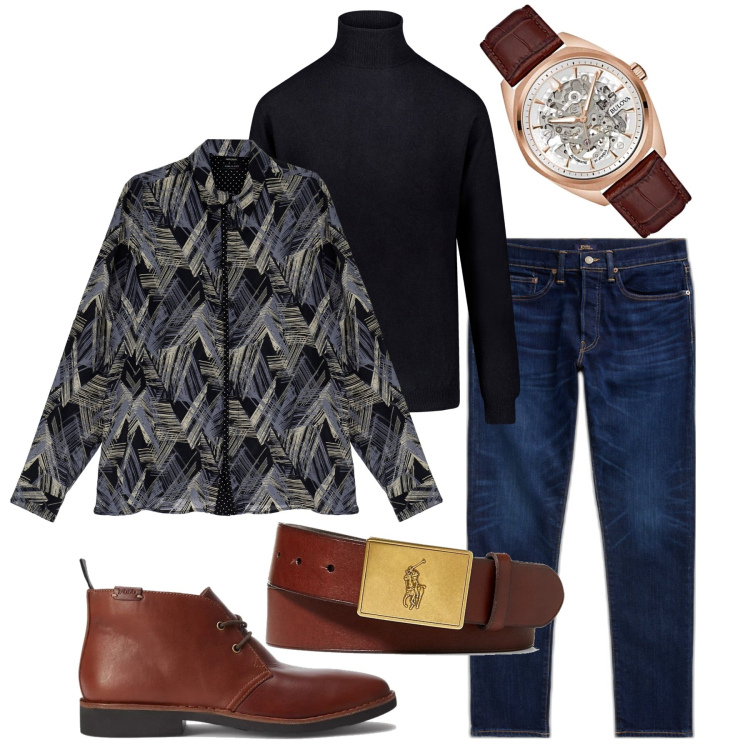 Outfit uomo - La camicia sul pull. Stile Trendy per Tutti i giorni. Abbinamento con camicie, cinture, stivali e stivaletti, jeans, maglieria, orologi.