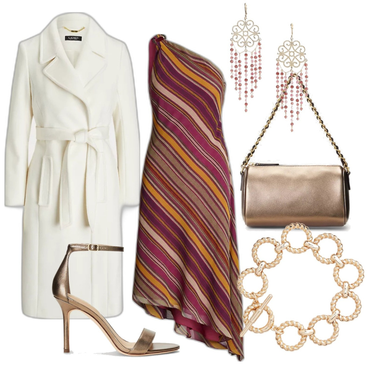 Outfit donna - Total look #1780923. Stile Chic per Serata fuori. Abbinamento con vestiti asimmetrici, braccialetti, cappotti, sandali in pelle, borse a spalla, orecchini.