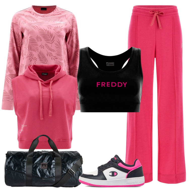 Outfit donna - Alla moda anche in palestra. Stile Sporty chic per Sport. Abbinamento con pantaloni a palazzo, reggiseni, felpe con cappuccio, felpe, borse sportive, sneakers.