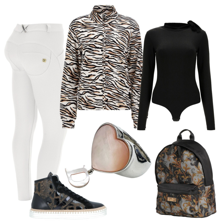 Outfit donna - L\'anello col cuore e lo zainetto. Stile Sporty chic per Tutti i giorni. Abbinamento con zaini, sneakers alte, anelli, body, pantaloni skinny, felpe.