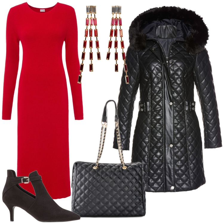 Outfit donna - L\'abito longuette rosso. Stile Chic per Serata fuori. Abbinamento con vestiti, shopping bag, orecchini, cappotti, stivaletti.