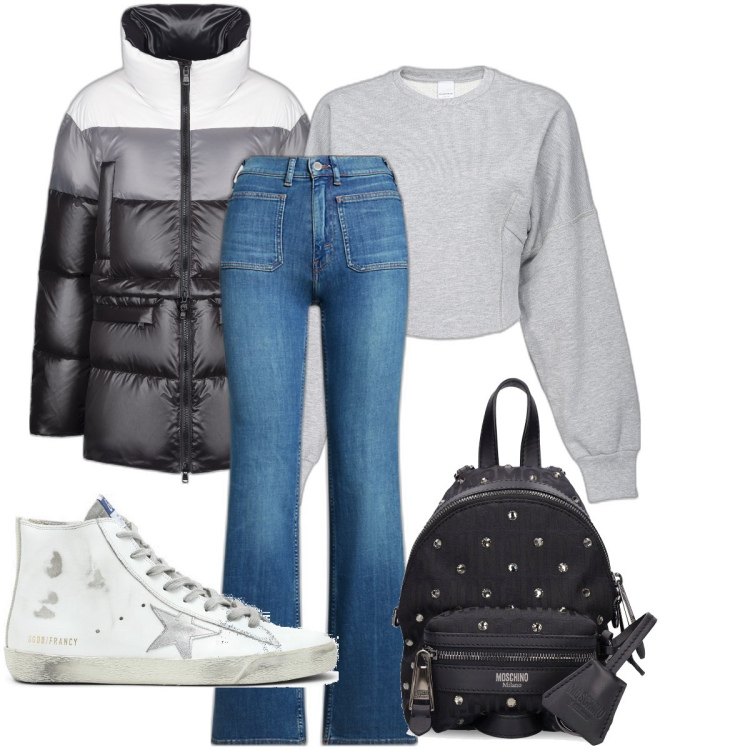 Outfit donna - Le sneakers alte. Stile Casual per Tutti i giorni. Abbinamento con felpe, piumini, jeans bootcut, zaini, sneakers alte.