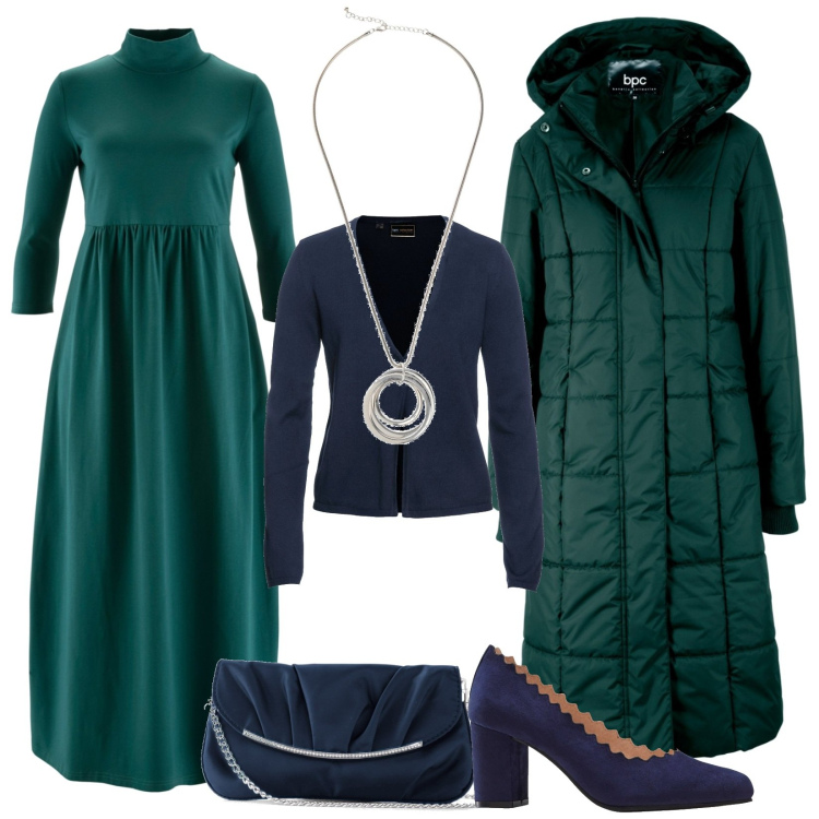 Outfit donna - Romantica in verde e blu. Stile Romantica per Serata fuori. Abbinamento con blazer, pochette, vestiti midi/longuette, cardigans, décolleté, collane.