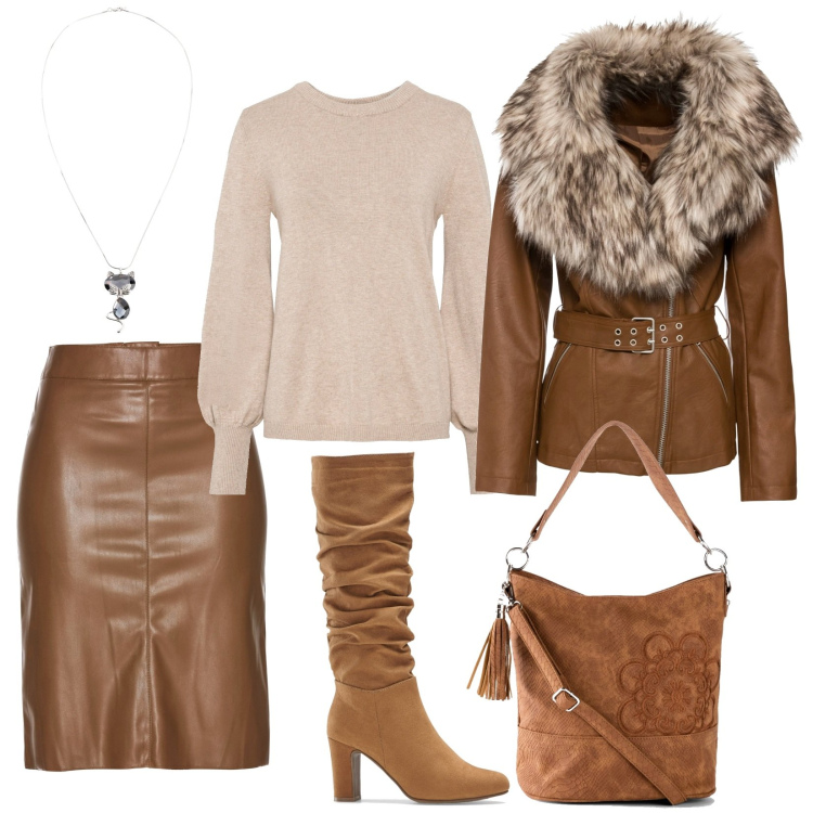 Outfit donna - Gli stivali alla moda. Stile Trendy per Serata fuori. Abbinamento con maglieria, gonne longuette, borse a mano, blazer, stivali, collane.