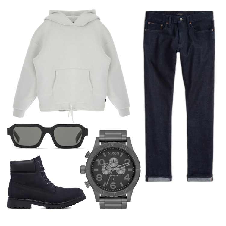 Outfit uomo - Aperitivo. Stile Casual per Tutti i giorni. Abbinamento con felpe con cappuccio, stivali e stivaletti, jeans slim fit, occhiali da sole, orologi analogici.