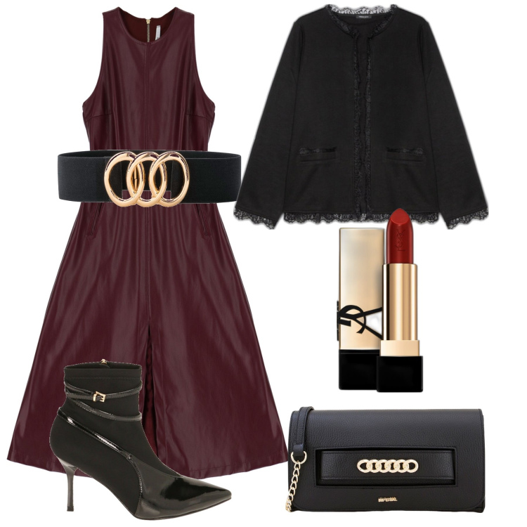 Outfit donna - La cintura sul taffetà. Stile Chic per Serata fuori. Abbinamento con cinture, rossetti, vestiti midi/longuette, pochette, stivaletti, blazer.