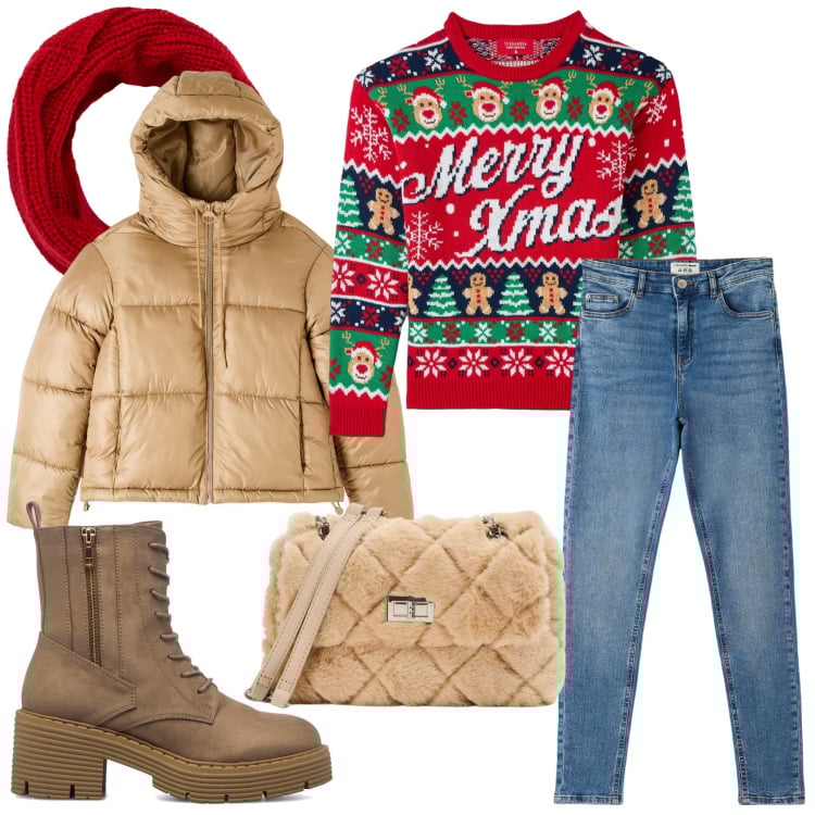 Outfit donna - Al bar la mattina di Natale. Stile Casual per Tutti i giorni. Abbinamento con jeans skinny, piumini, borse a spalla, maglieria, scaldacollo, anfibi.