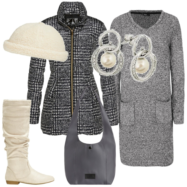 Outfit donna - Total look #1780994. Stile Casual per Tutti i giorni. Abbinamento con giacche, stivali, vestiti, borse a spalla, orecchini, cappelli.