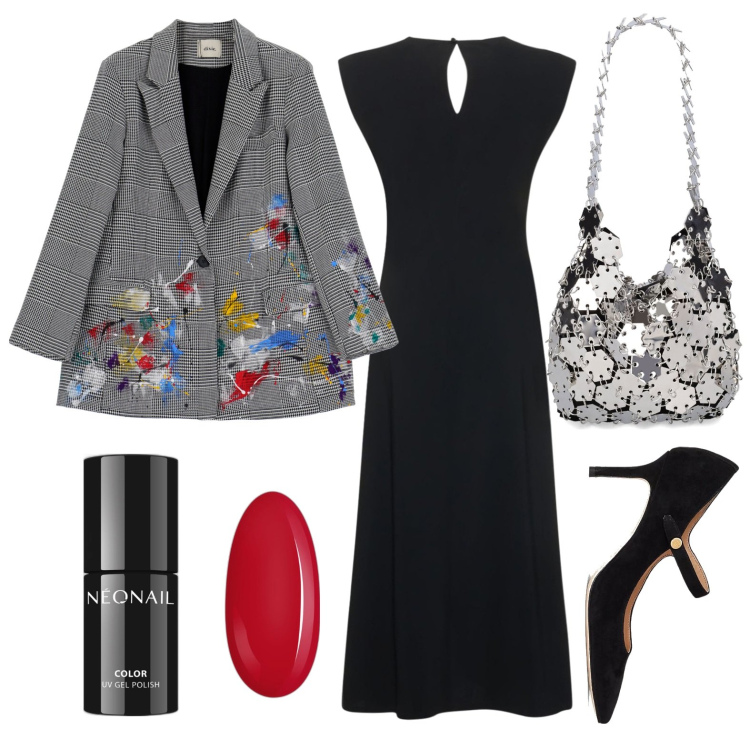 Outfit donna - La giacca come un quadro. Stile Trendy per Serata fuori. Abbinamento con smalti, décolleté, giacche, vestiti senza maniche, borse a spalla.