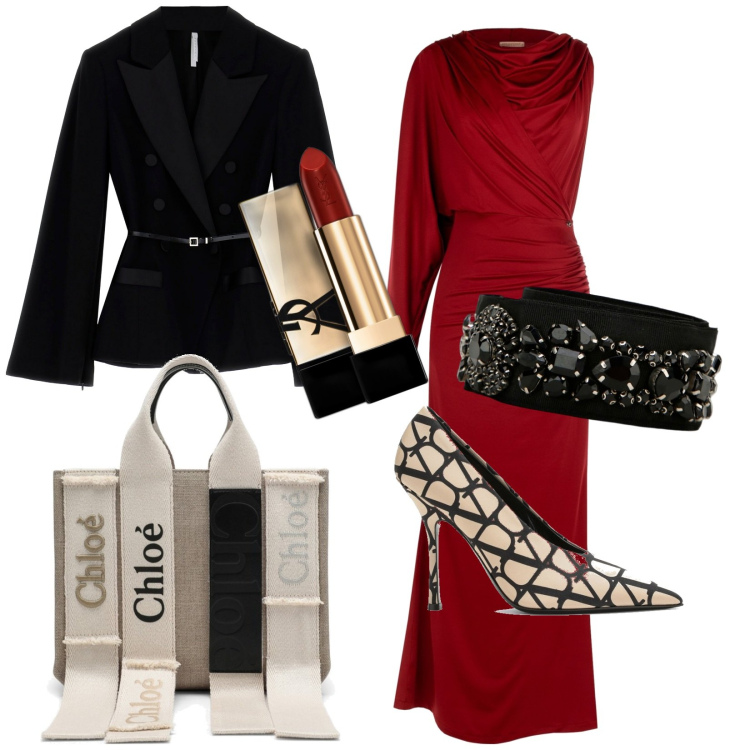 Outfit donna - Esemplificativo. Stile Glamour per Serata fuori. Abbinamento con rossetti, vestiti asimmetrici, blazer, cinture, scarpe col tacco, borse tote.