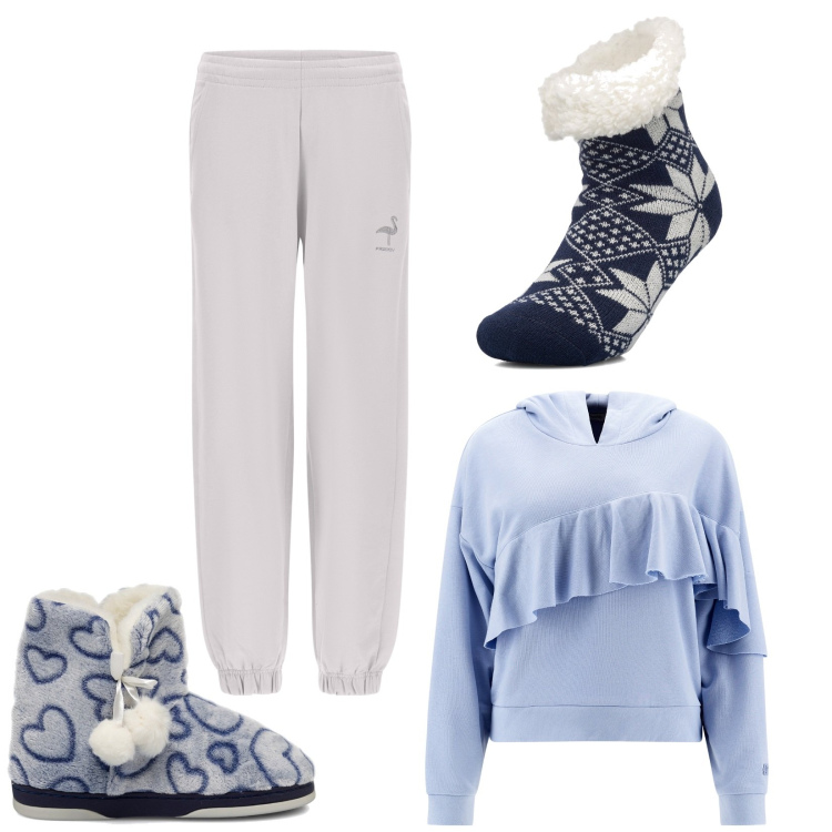 Outfit donna - Comoda a casa. Stile Minimal per Tutti i giorni. Abbinamento con pantaloni, felpe con cappuccio, pantofole, calzini.