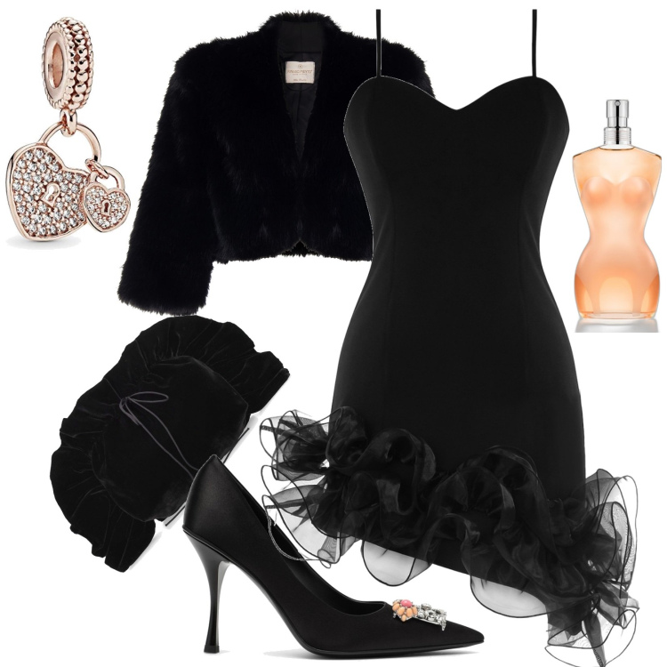 Outfit donna - Total look #1781079. Stile Sexy per Serata fuori. Abbinamento con profumi, cappotti, vestiti asimmetrici, pochette, ciondoli, décolleté.