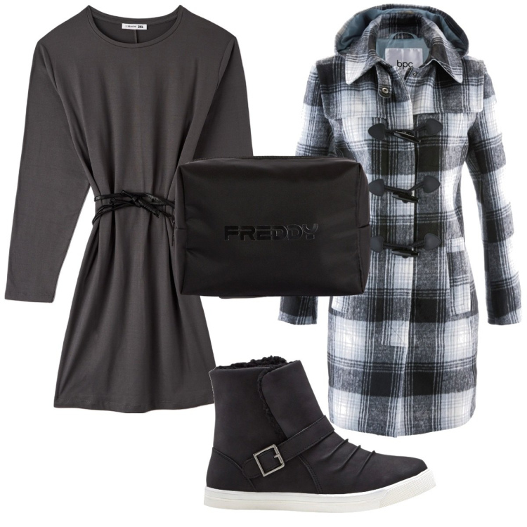 Outfit donna - Total look #1781107. Stile Trendy per Tutti i giorni. Abbinamento con stivaletti, montgomery, vestiti midi/longuette, valigie.