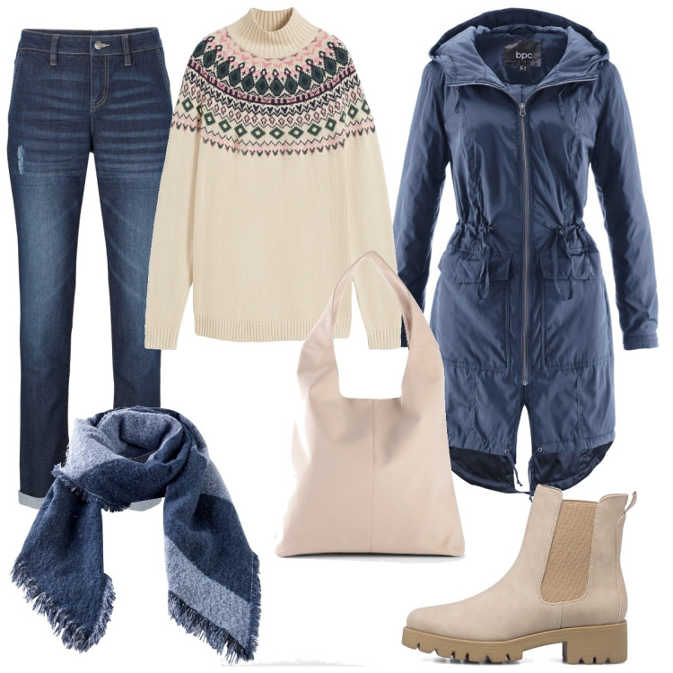 Outfit donna - Beige e Blue. Stile Casual per Tutti i giorni. Abbinamento con jeans boyfriend, cappotti, maglieria, sciarpe, shopping bag, stivaletti.