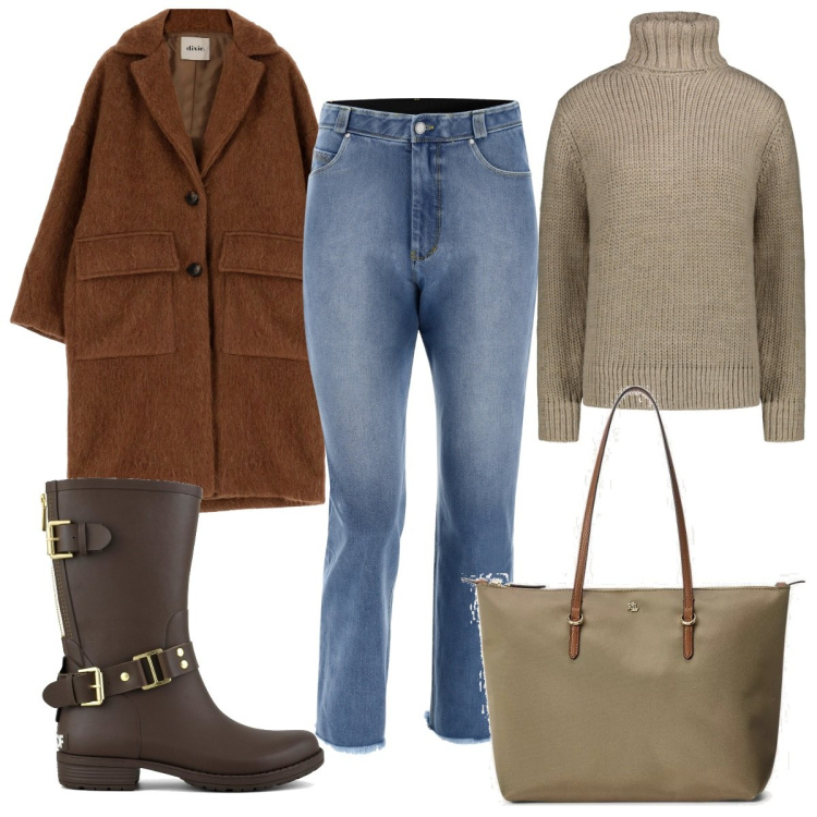 Outfit donna - Total look #1781121. Stile Trendy per Tutti i giorni. Abbinamento con jeans, cappotti, borse tote, stivali, maglieria.