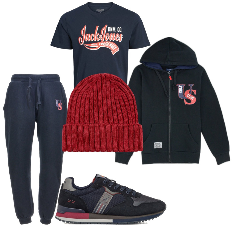 Outfit uomo - Total look #1781138. Stile Casual per Sport. Abbinamento con t-shirt, sneakers, felpe con cappuccio, pantaloni, berretti.