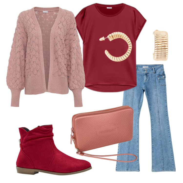 Outfit donna - Total look #1781142. Stile Trendy per Tutti i giorni. Abbinamento con stivaletti, cardigans, jeans a zampa, orecchini, pochette, bluse.
