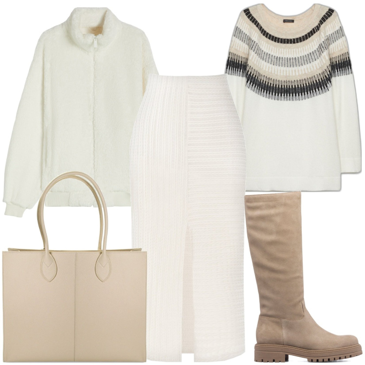 Outfit donna - Total look #1781161. Stile Casual per Ufficio. look ideale per Tall. Abbinamento con gonne longuette, borse a spalla, blazer, stivali sopra il ginocchio, maglieria.