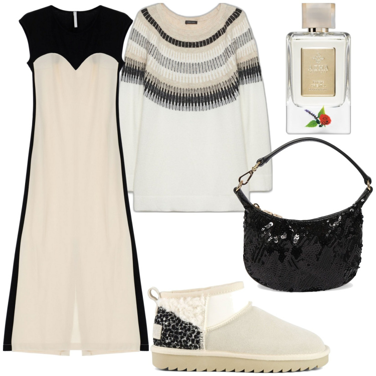 Outfit donna - Total look #1781166. Stile Trendy per Tutti i giorni. Abbinamento con profumi, vestiti midi/longuette, stivali sopra il ginocchio, maglieria, pochette.