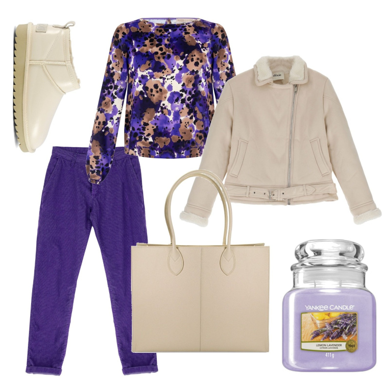 Outfit donna - L\'ecomontone chiaro. Stile Basic per Tutti i giorni. Abbinamento con profumi, bluse, borse a spalla, cappotti, pantaloni, stivali.