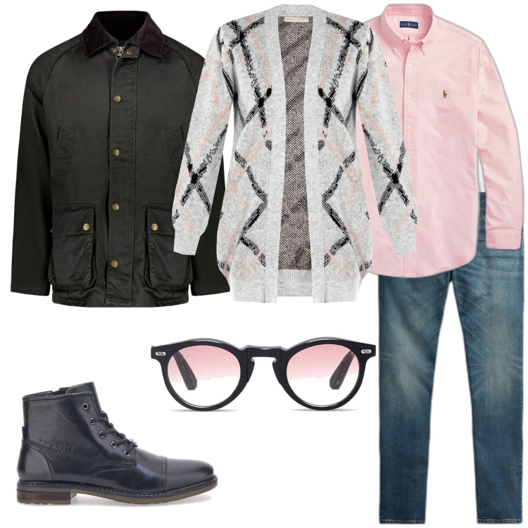 Outfit uomo - Total look #1781193. Stile Casual per Tutti i giorni. Abbinamento con cardigans, camicie, jeans, occhiali da sole, giacche, stivali e stivaletti.