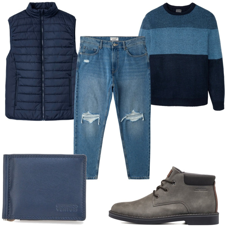 Outfit uomo - Total look #1781195. Stile Casual per Tutti i giorni. Abbinamento con maglieria, gilet, jeans, stivali e stivaletti, portafogli.