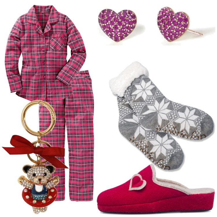 Outfit donna - Total look #1781219. Stile Casual per Tutti i giorni. Abbinamento con pigiama, orecchini, pantofole, calzini, portachiavi.