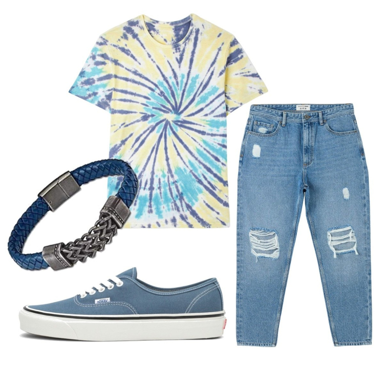 Outfit uomo - Total look #1781221. Stile Casual per Tutti i giorni. Abbinamento con jeans strappati, t-shirt, braccialetti, sneakers.