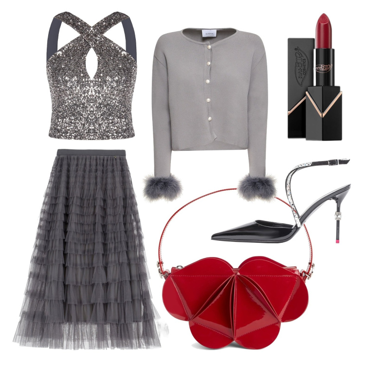 Outfit donna - Festeggiando il Capodanno. Stile Glamour per Serata fuori. Abbinamento con rossetti, scarpe col tacco, top, gonne longuette, giacche, borse a spalla.