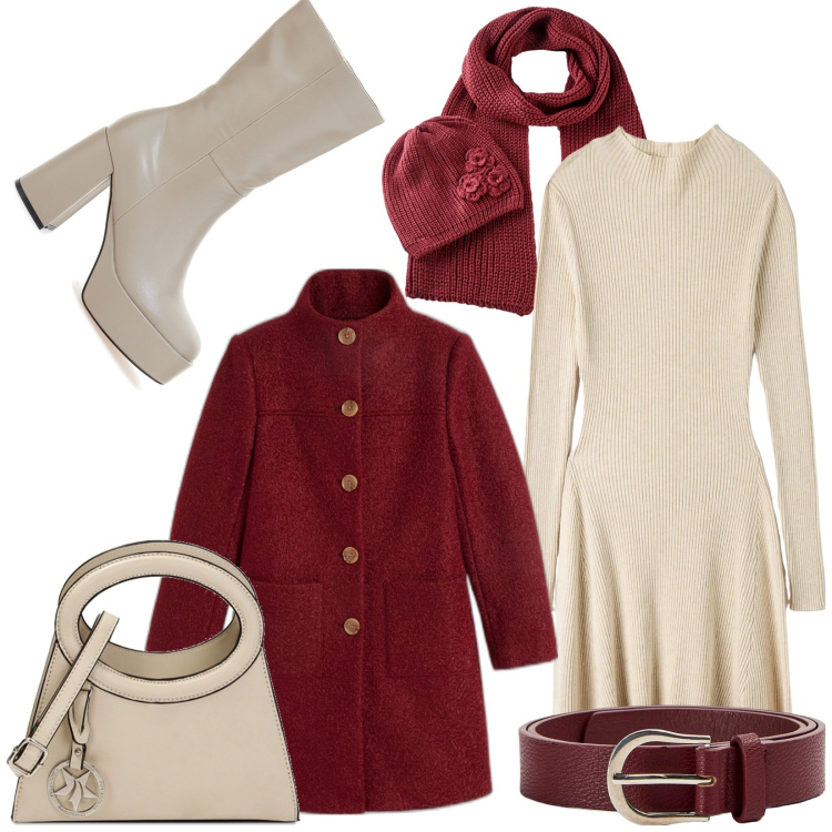 Outfit donna - Trend giornate natalizie. Stile Casual per Tutti i giorni. Abbinamento con sciarpe, cappotti, vestiti midi/longuette, cinture, borse a spalla, stivali.