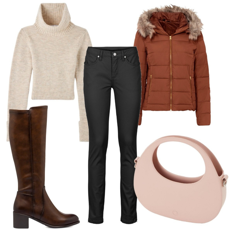 Outfit donna - Total look #1781228. Stile Trendy per Tutti i giorni. Abbinamento con jeans, giacche, maglieria, stivali sopra il ginocchio, borse a spalla.