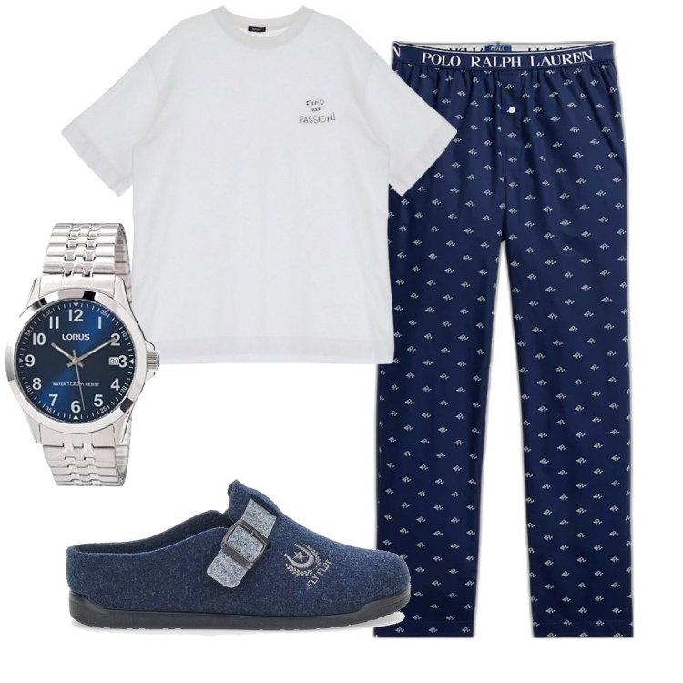 Outfit uomo - Notte. Stile Casual per Tutti i giorni. Abbinamento con t-shirt, pantaloni, orologi analogici, pantofole.