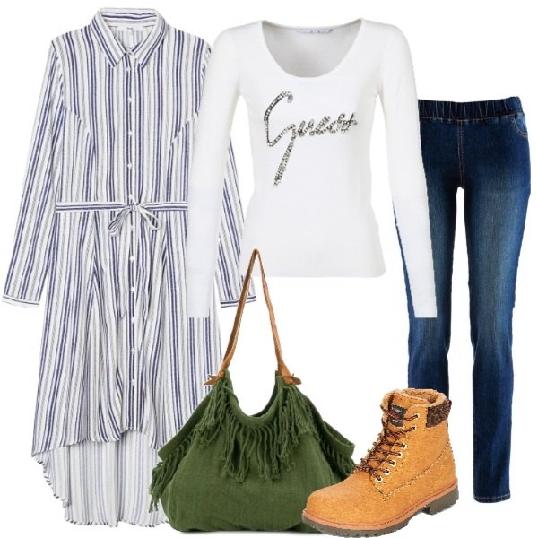Outfit donna - Basic #16127. Stile Basic per Tutti i giorni. Abbinamento con treggings, stivaletti, maglione bianco, borsa a tracolla taglia unica verde, vestito fantasia colletto classico blu.