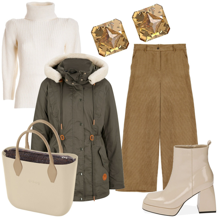 Outfit donna - Casual. Stile Casual per Tutti i giorni. Abbinamento con parka, maglieria, pantaloni a palazzo, stivaletti, orecchini, borse a spalla.