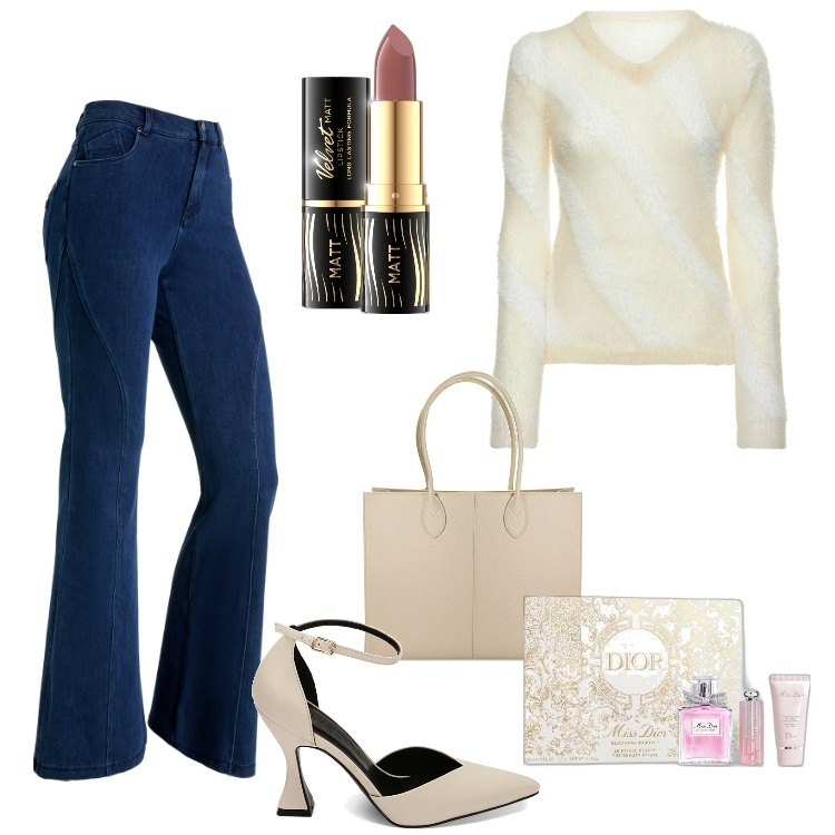 Outfit donna - Tacchi bon ton x Xmas. Stile Sporty chic per Serata fuori. Abbinamento con rossetti, profumi, décolleté, borse a spalla, jeans a zampa, maglieria.
