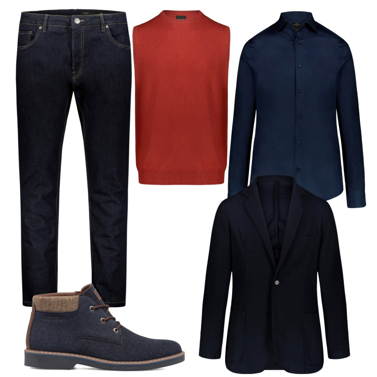 Outfit uomo - Casual chic. Stile Casual per Ufficio. Abbinamento con stivali e stivaletti, camicie, gilet, jeans, giacche.