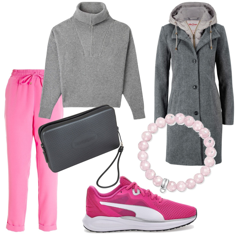 Outfit donna - Vado a far la spesa. Stile Casual chic per Tutti i giorni. Abbinamento con cappotti, maglieria, pantaloni, pochette, sneakers, braccialetti.
