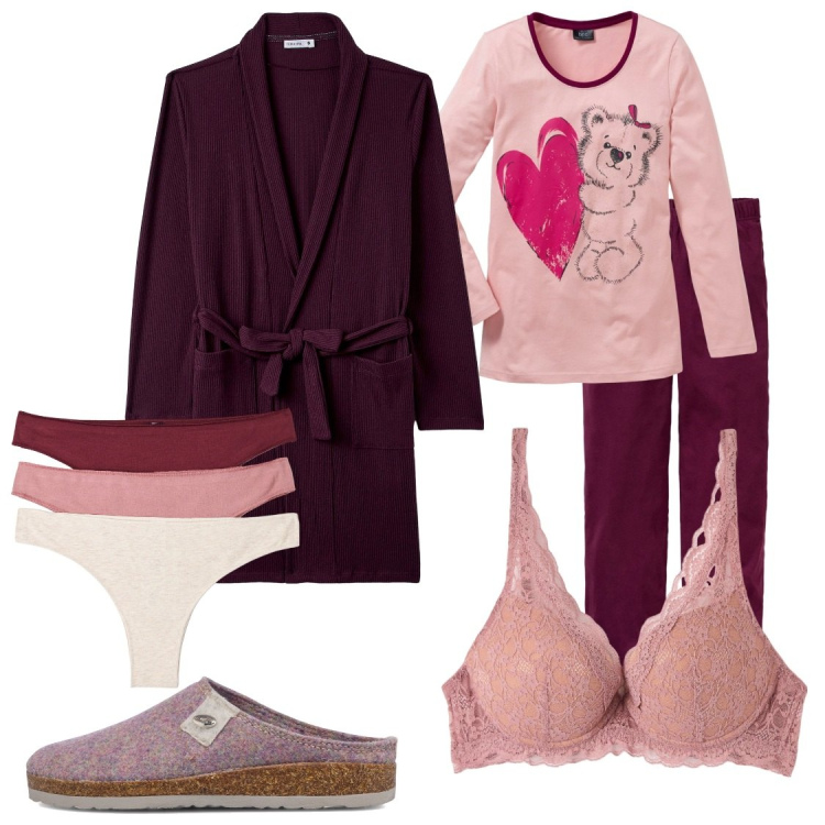 Outfit donna - Good night. Stile Romantica per Tutti i giorni. Abbinamento con pigiama, vestaglie, slip, reggiseni, ciabatte.