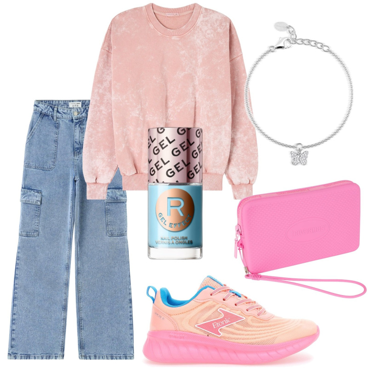 Outfit donna - Total look #1781293. Stile Urban per Tutti i giorni. Abbinamento con smalti, felpe, jeans, braccialetti con ciondoli, pochette, sneakers.