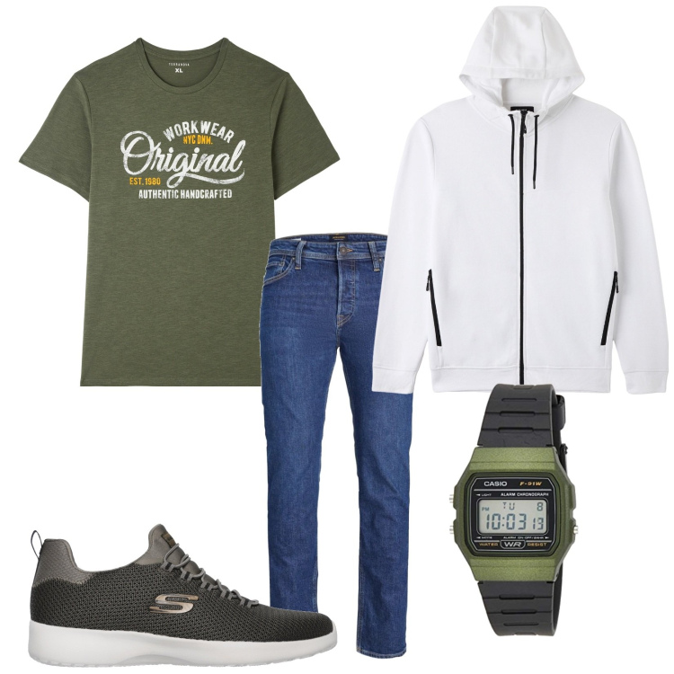 Outfit uomo - Total look #1781294. Stile Casual per Tutti i giorni. Abbinamento con t-shirt, felpe con cappuccio, sneakers, jeans, orologi digitali.