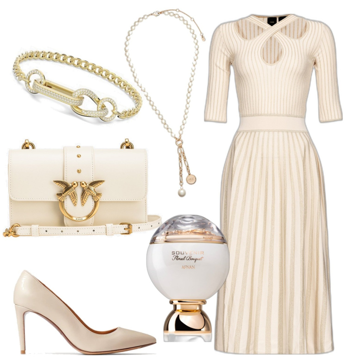 Outfit donna - Total look #1781296. Stile Chic per Serata fuori. Abbinamento con profumi, vestiti lunghi, borse a tracolla, ciondoli, décolleté, braccialetti.