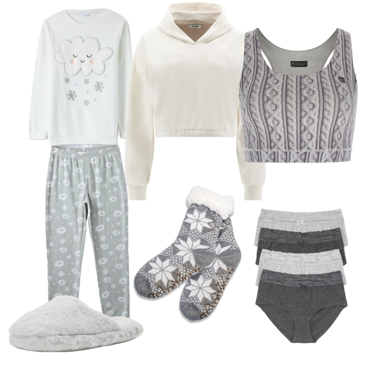 Outfit donna - Relax pomeriggio, sera, notte. Stile Casual per Tutti i giorni. Abbinamento con culotte, pigiama, pantofole, reggiseni, felpe con cappuccio, calzini.